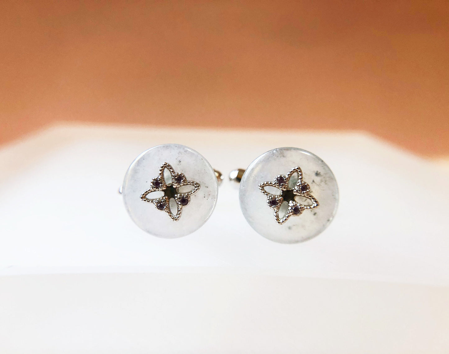 Icy Jadeite Cufflinks, Sterling Silver, Purple Zircon, Modern Executive Accessory