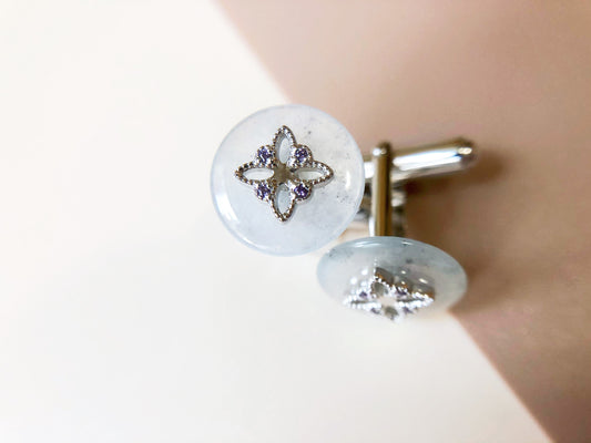 Icy Jadeite Cufflinks, Sterling Silver, Purple Zircon, Modern Executive Accessory