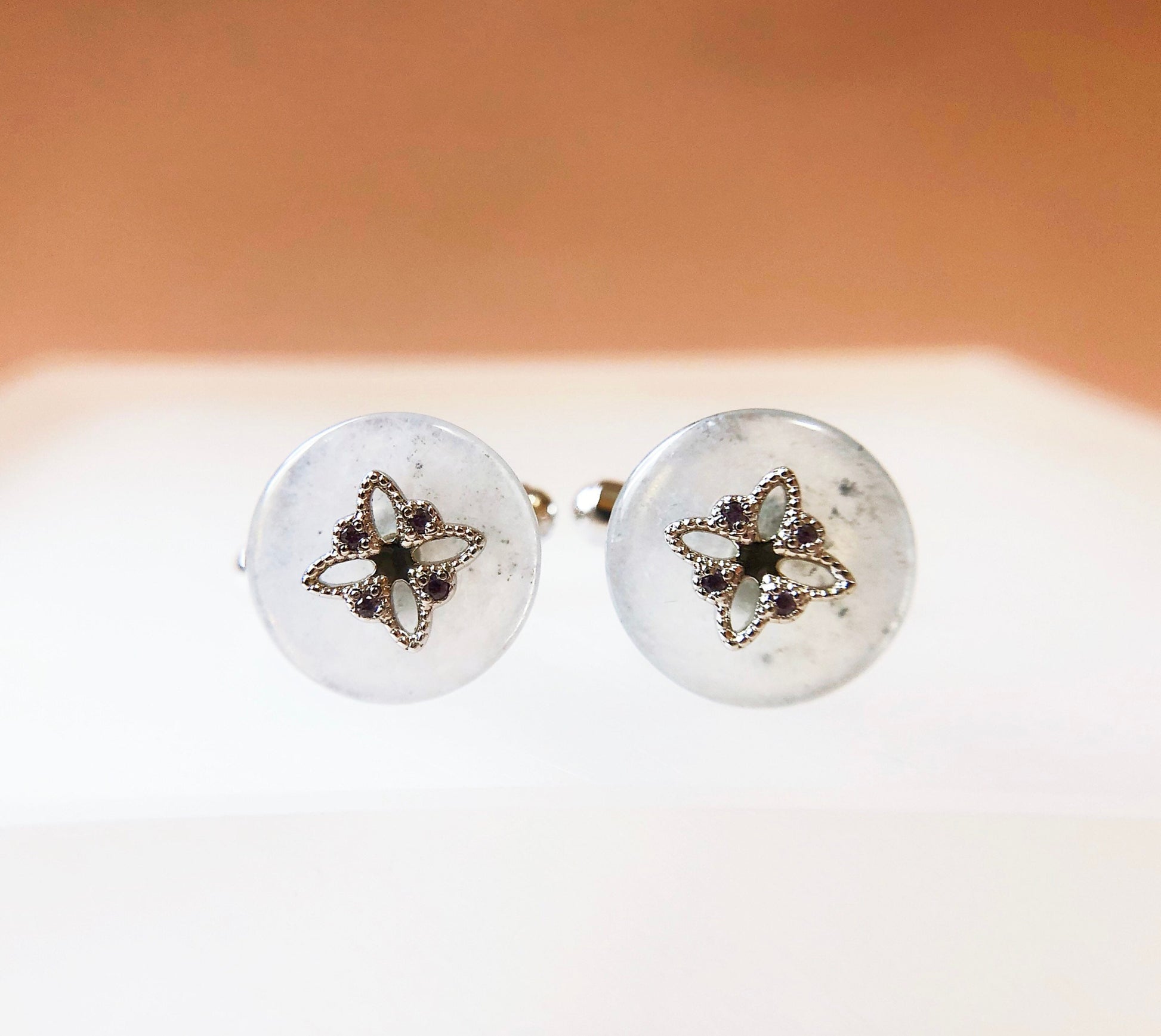 Icy Jadeite Cufflinks, Sterling Silver, Purple Zircon, Modern Executive Accessory