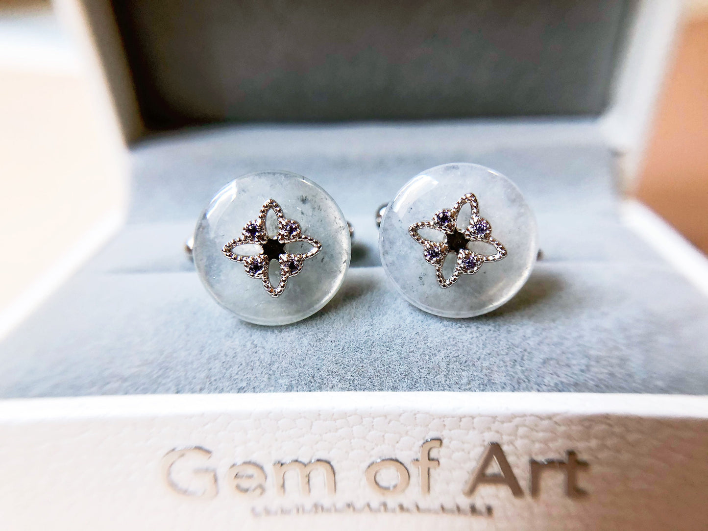 Icy Jadeite Cufflinks, Sterling Silver, Purple Zircon, Modern Executive Accessory