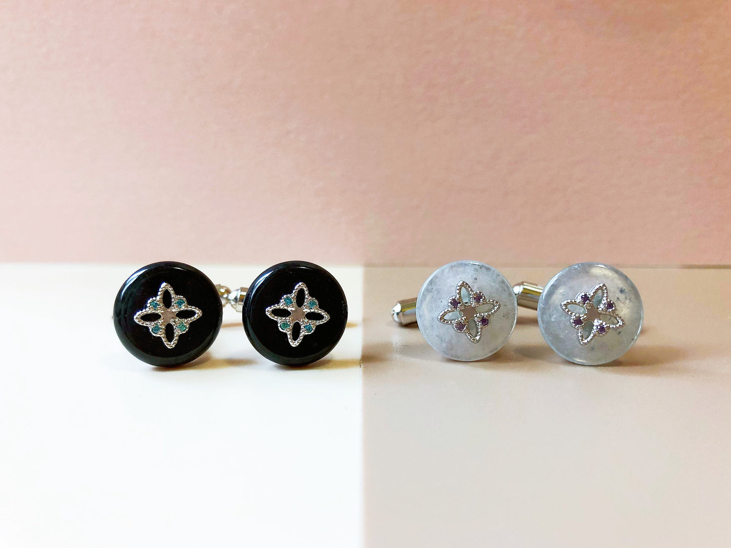 Icy Jadeite Cufflinks, Sterling Silver, Purple Zircon, Modern Executive Accessory
