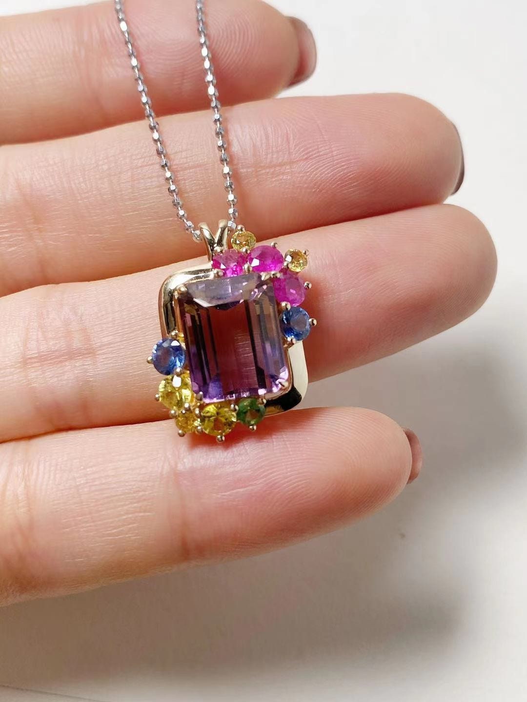 Natural Ametrine Colourful Sapphires in 14k Yellow Gold Pendant Necklace