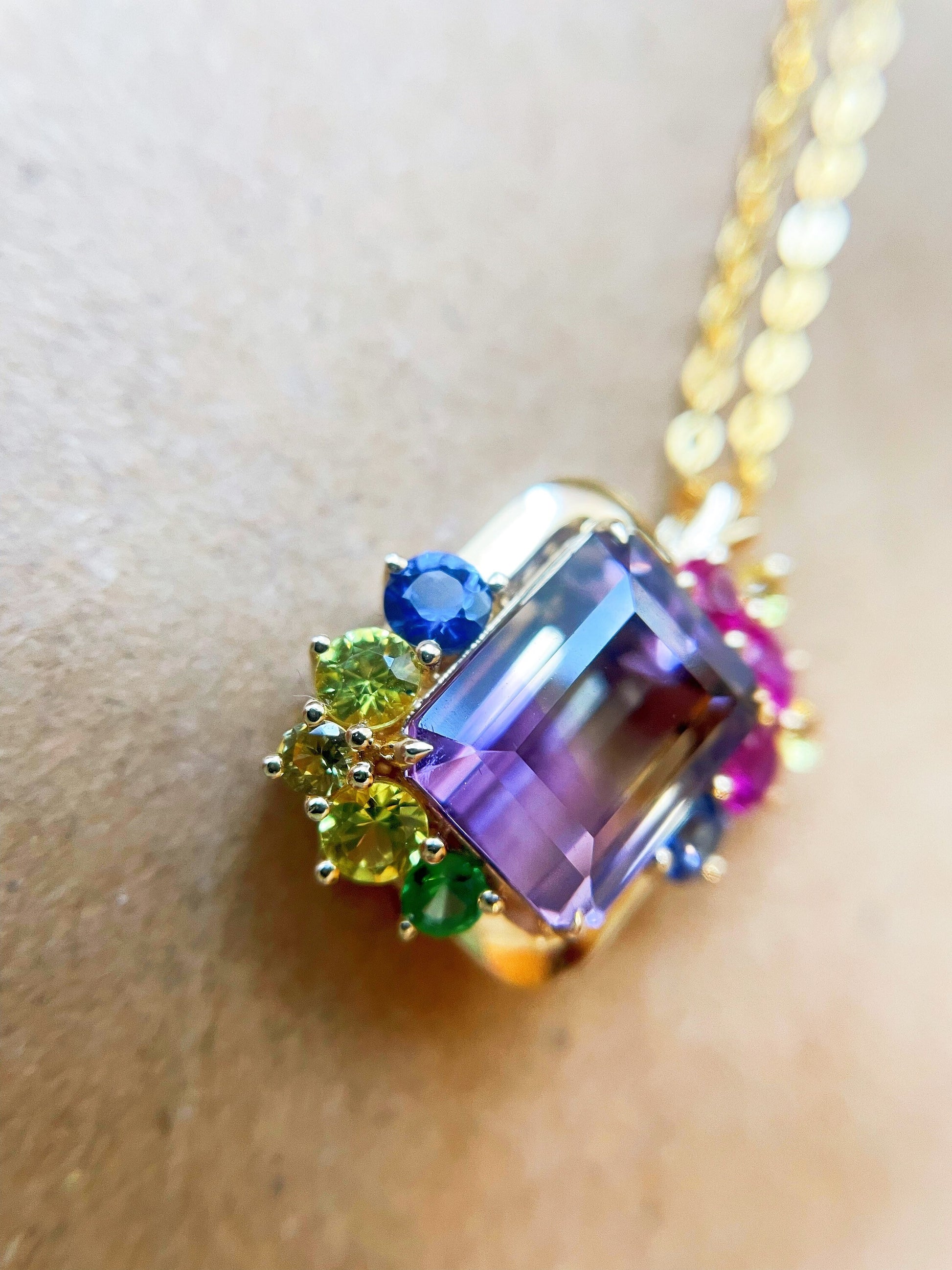 Natural Ametrine Colourful Sapphires in 14k Yellow Gold Pendant Necklace