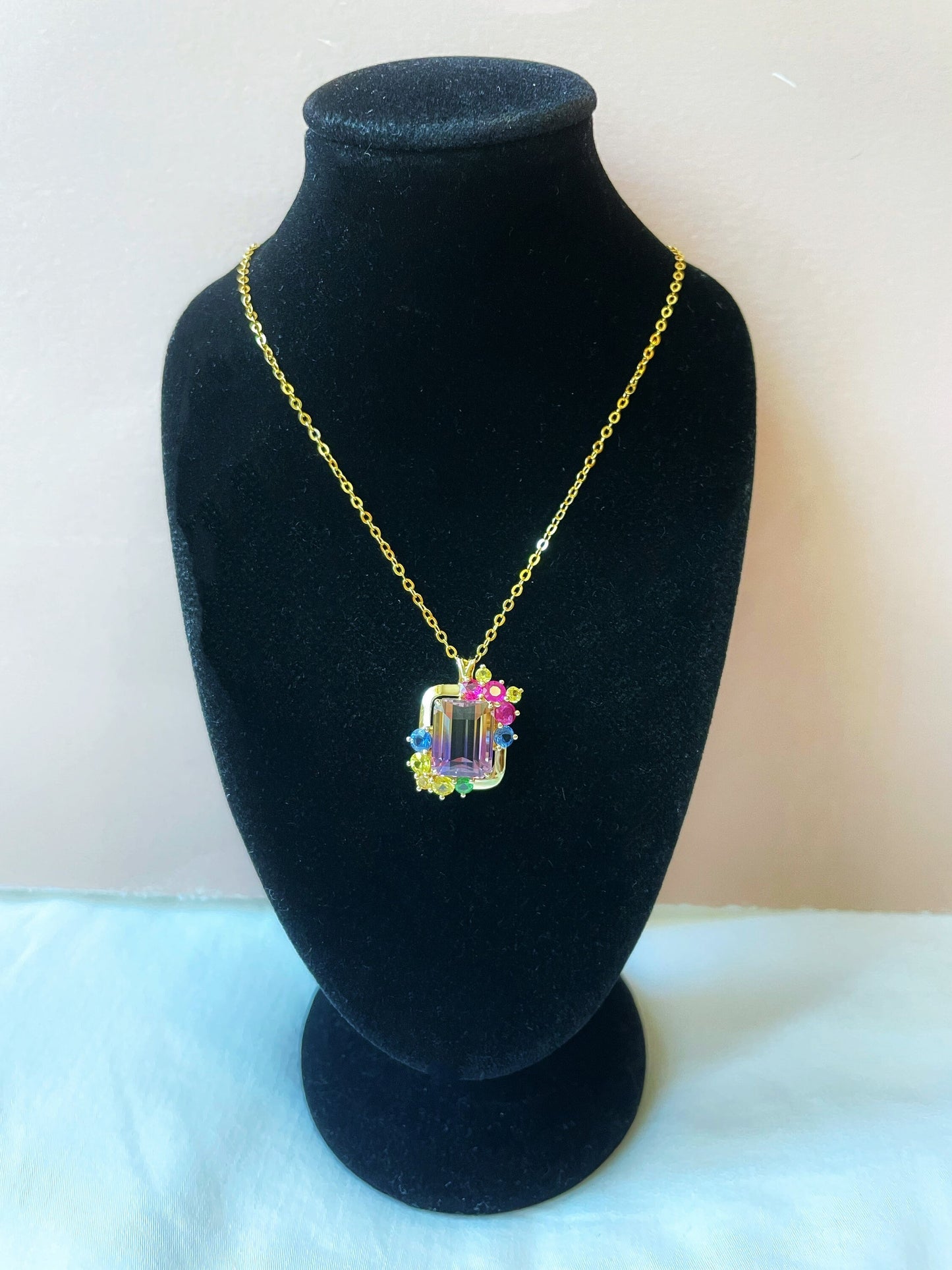 Natural Ametrine Colourful Sapphires in 14k Yellow Gold Pendant Necklace