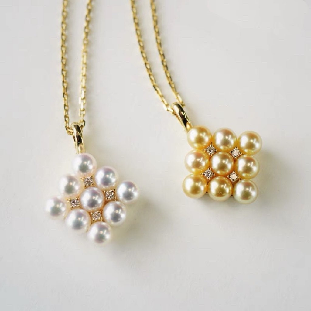 AAAA Grade Japan Akoya Pearl Mirror Like Pendant, Pearl Pendant with Diamonds in 18K Gold, Excellent Lustre Akoya Pearls