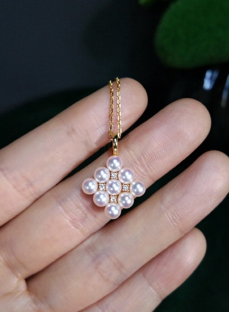 AAAA Grade Japan Akoya Pearl Mirror Like Pendant, Pearl Pendant with Diamonds in 18K Gold, Excellent Lustre Akoya Pearls