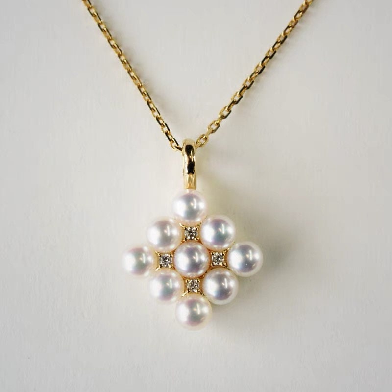 AAAA Grade Japan Akoya Pearl Mirror Like Pendant, Pearl Pendant with Diamonds in 18K Gold, Excellent Lustre Akoya Pearls