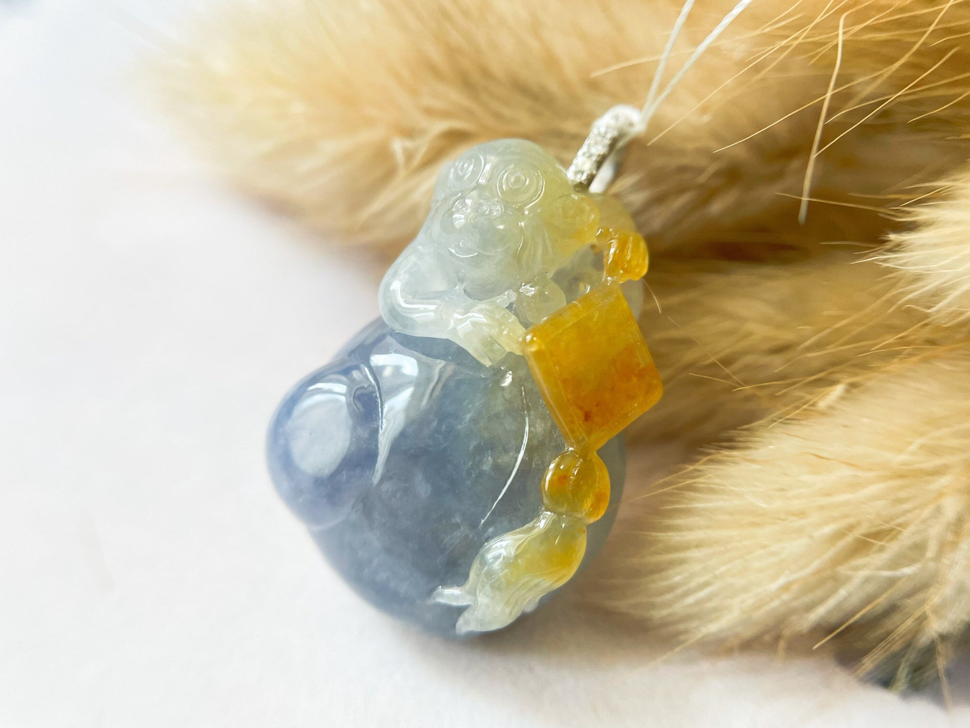 One-of-a-Kind Bicolor Jadeite Monkey, 18K White Gold Diamond Necklace, Natural Myanmar Art Jewelry, Rare Dual-Tone Gemstone, Artisan Gift