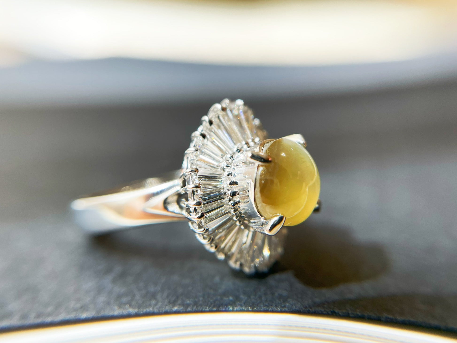 2.03 Ct - Natural Honey Color Chrysoberyl Cat's Eye Gemstone with Diamond set in Platinum Ring, Honey Yellow Color Gemstone Ring