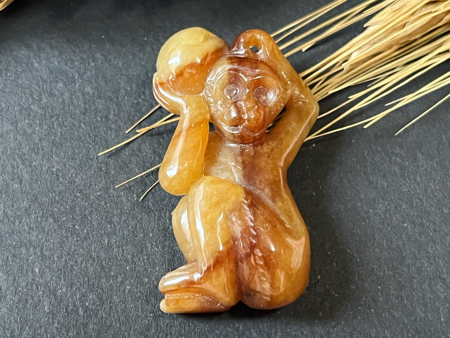 Natural Myanmar Brick Red Jade Pendant, Hand-Carved Monkey and Peach