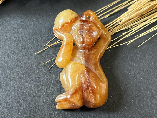 Natural Myanmar Brick Red Jade Pendant, Hand-Carved Monkey and Peach