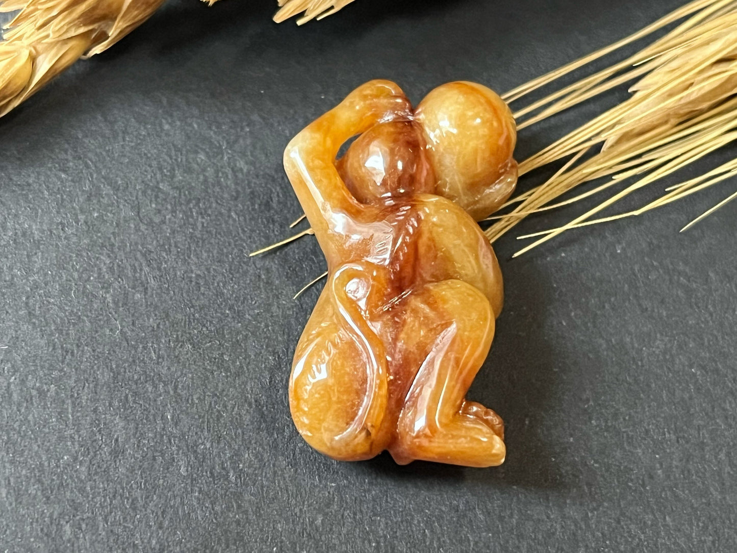 Natural Myanmar Brick Red Jade Pendant, Hand-Carved Monkey and Peach
