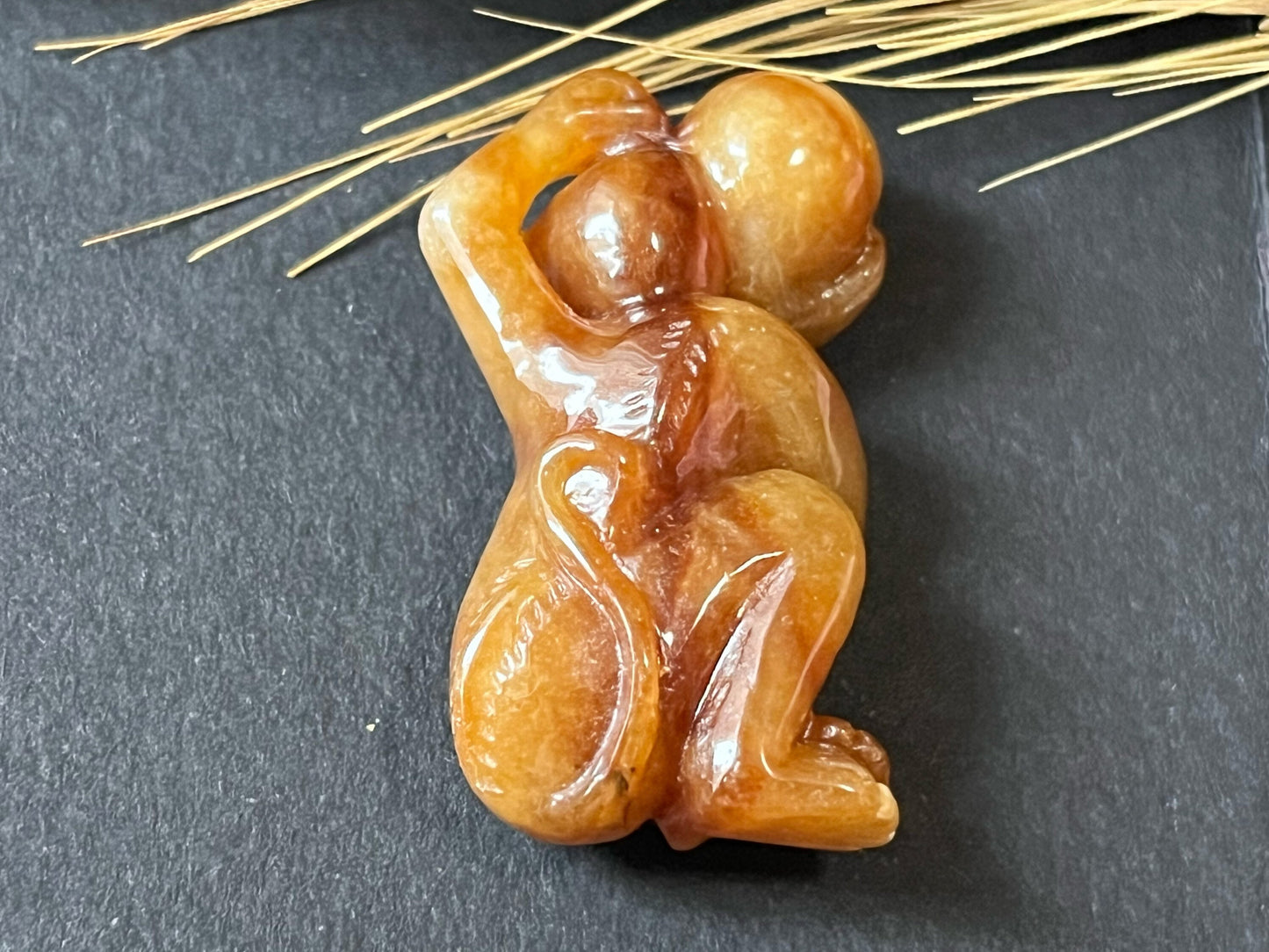 Natural Myanmar Brick Red Jade Pendant, Hand-Carved Monkey and Peach