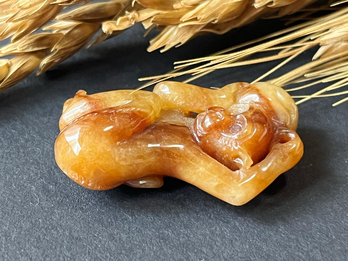 Natural Myanmar Brick Red Jade Pendant, Hand-Carved Monkey and Peach