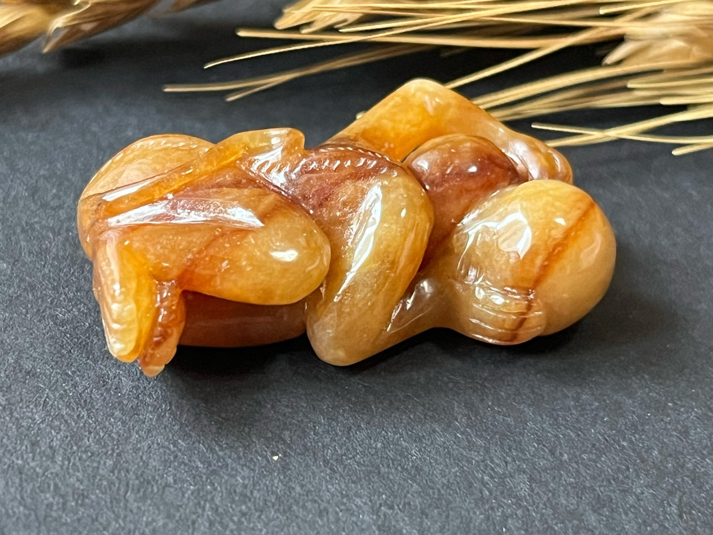 Natural Myanmar Brick Red Jade Pendant, Hand-Carved Monkey and Peach
