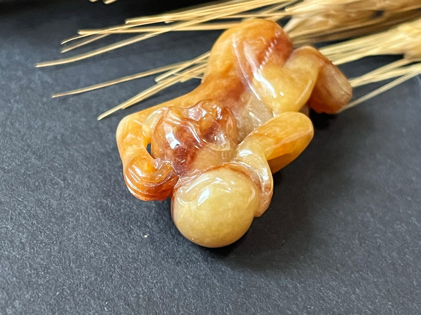 Natural Myanmar Brick Red Jade Pendant, Hand-Carved Monkey and Peach