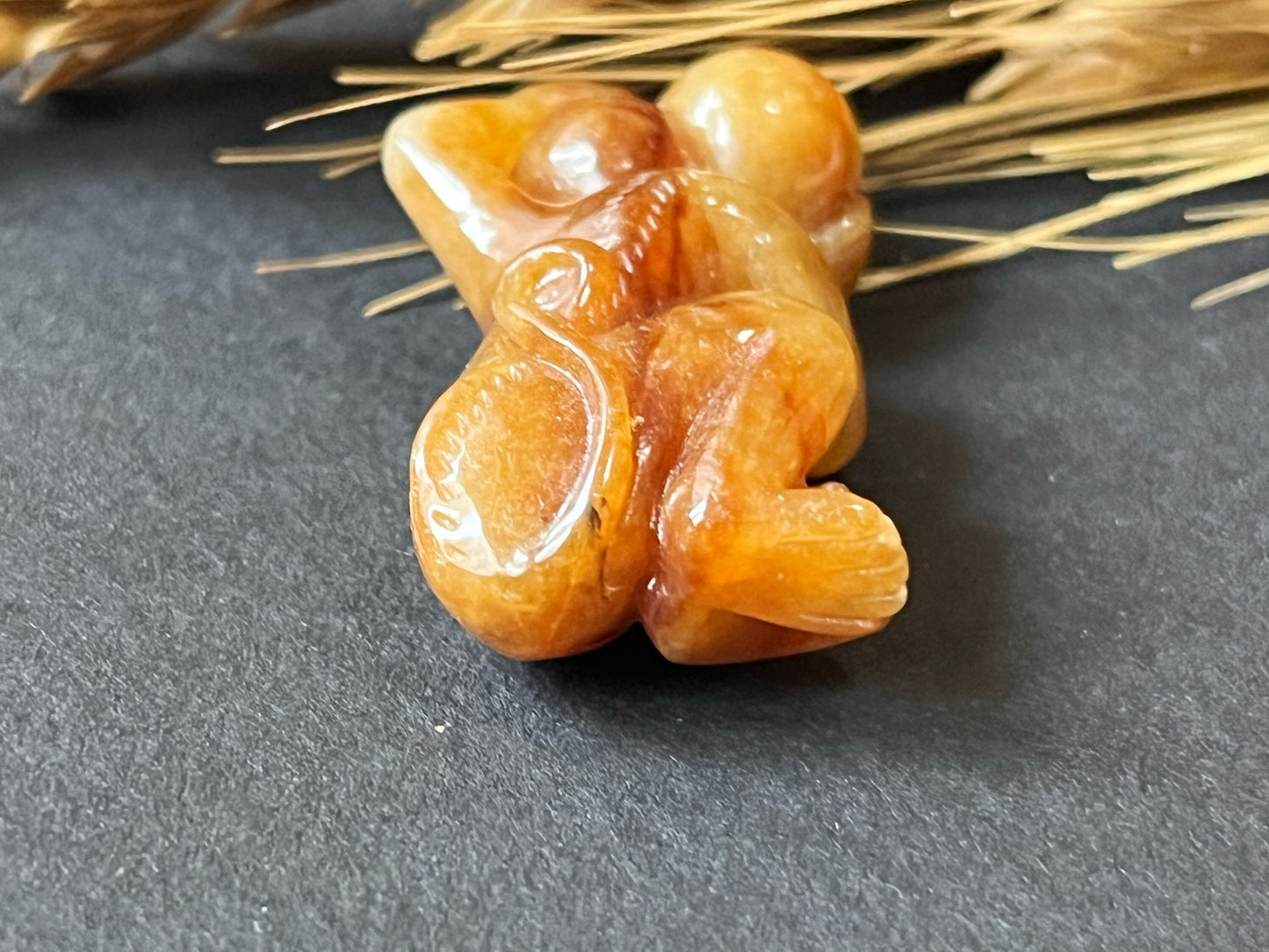 Natural Myanmar Brick Red Jade Pendant, Hand-Carved Monkey and Peach
