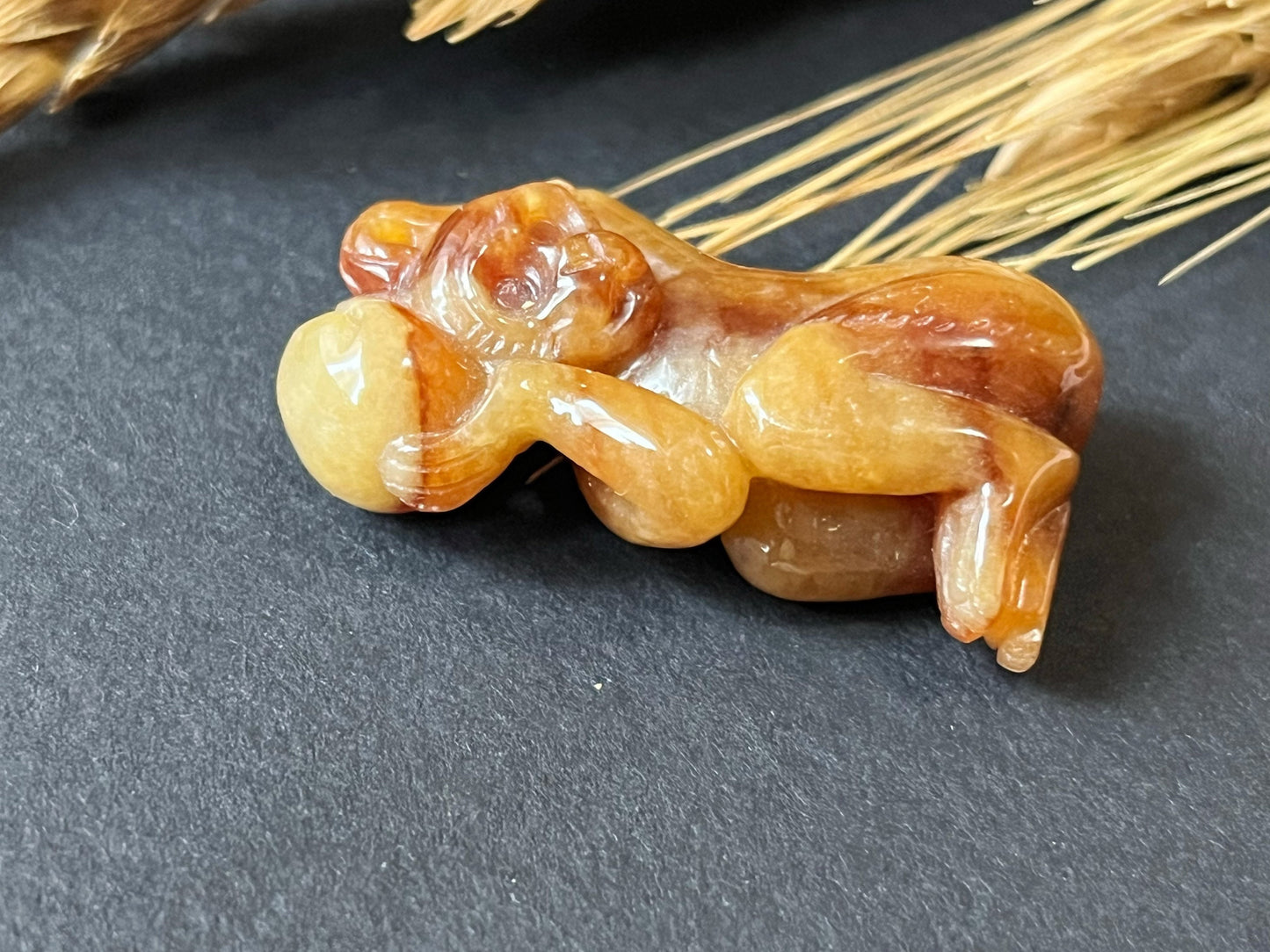 Natural Myanmar Brick Red Jade Pendant, Hand-Carved Monkey and Peach