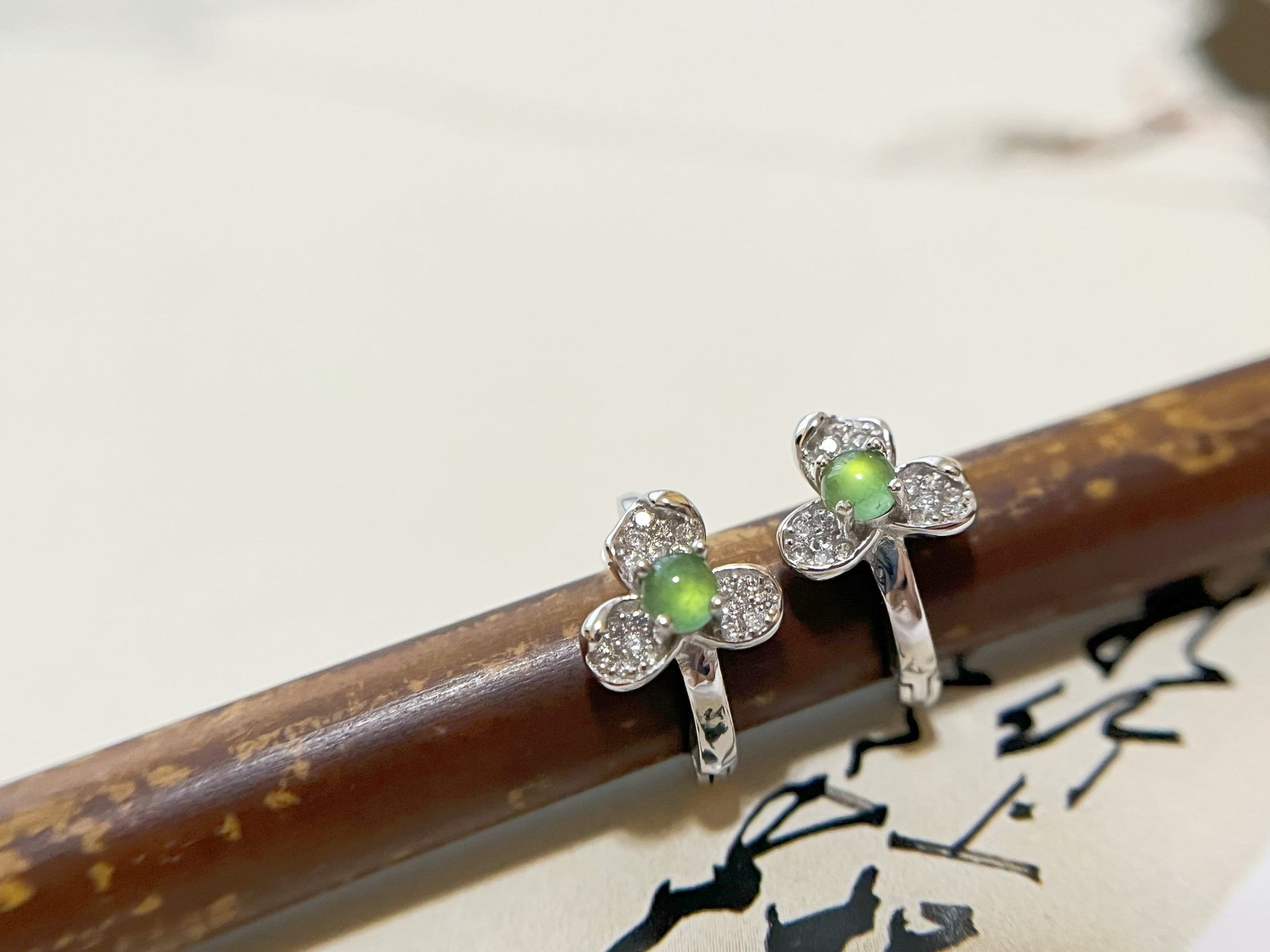 Natural Myanmar Icy Green Jade Cabochons Huggie Hoop Floral Shaped Earrings, set in 925 Sterling Silver and Zircons