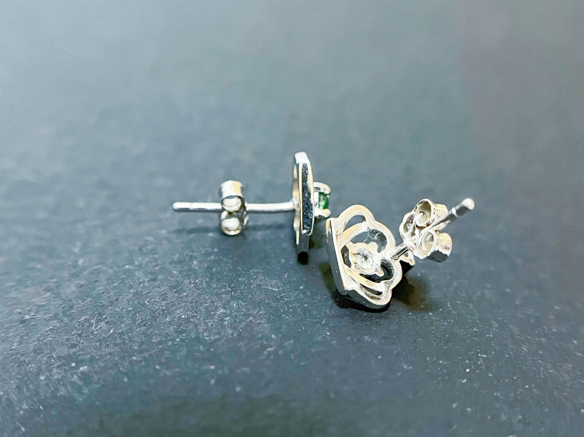 Natural Myanmar Vivid Green Jade Ear Studs, Crown-Shaped Silver Ear Studs with Brilliant Zircons