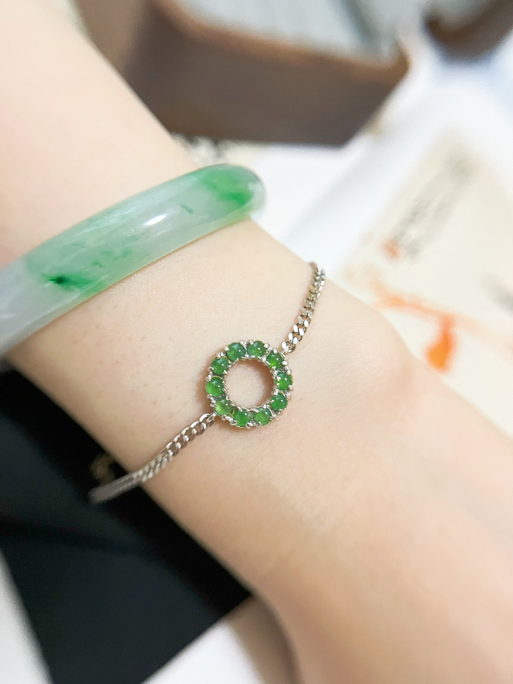Natural Myanmar Green Jade Bracelet in Silver, Charm Bracelet