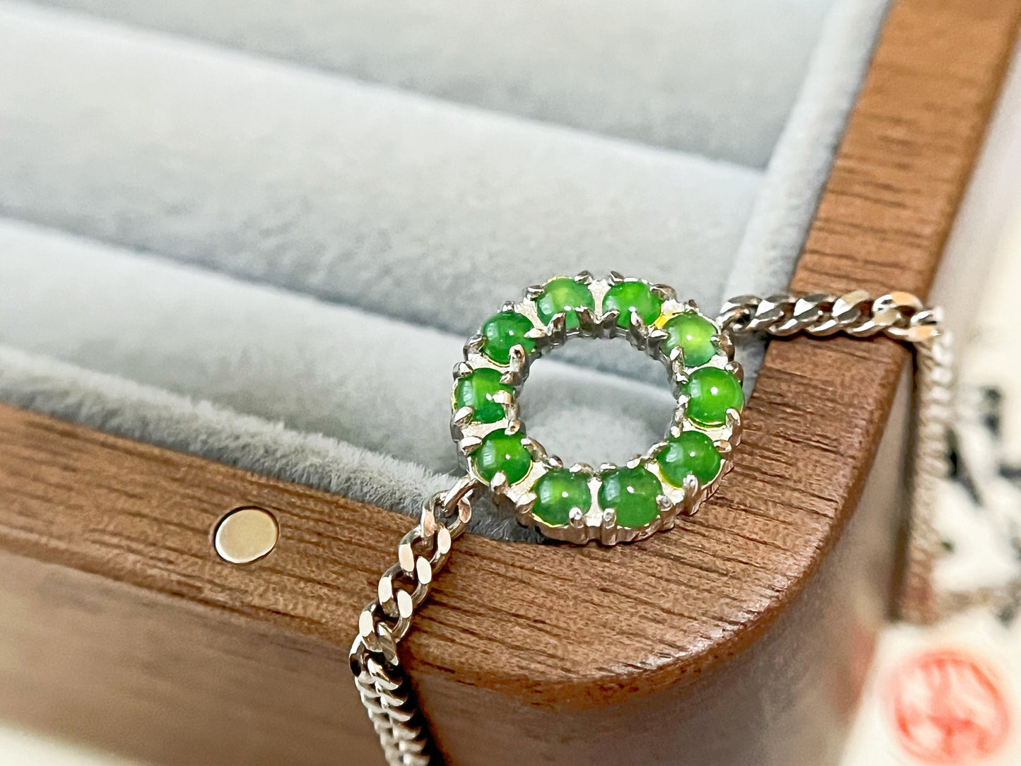 Natural Myanmar Green Jade Bracelet in Silver, Charm Bracelet