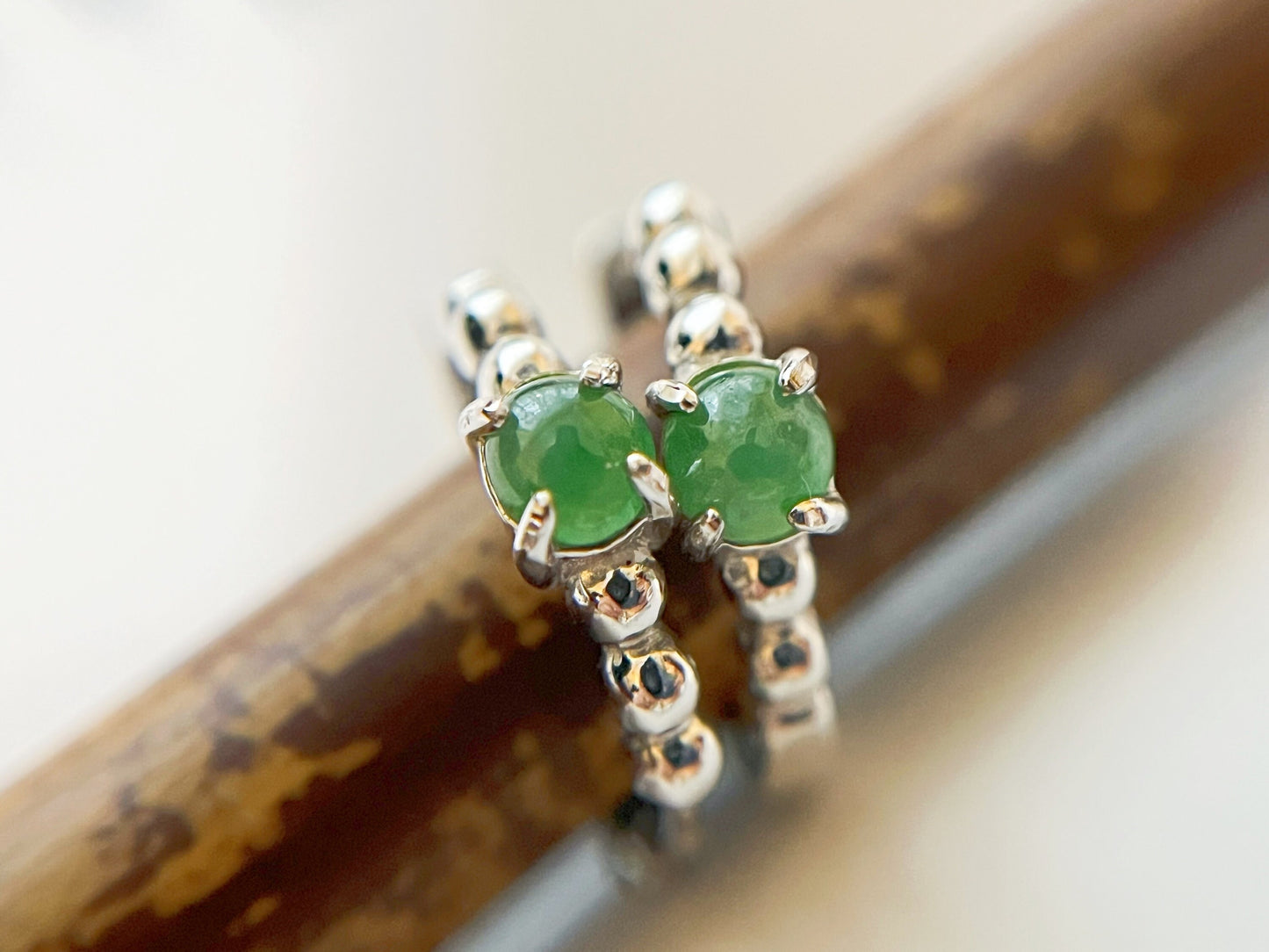 Natural Myanmar Vivid Green Jadeite Jade Cabochons Huggie Hoop Earrings