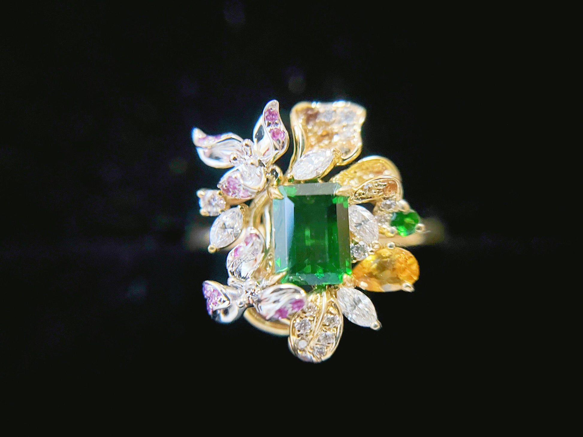 Certified Natural Vivid Green Tsavorite Ring with Diamonds, Colored Sapphires, and Rubies