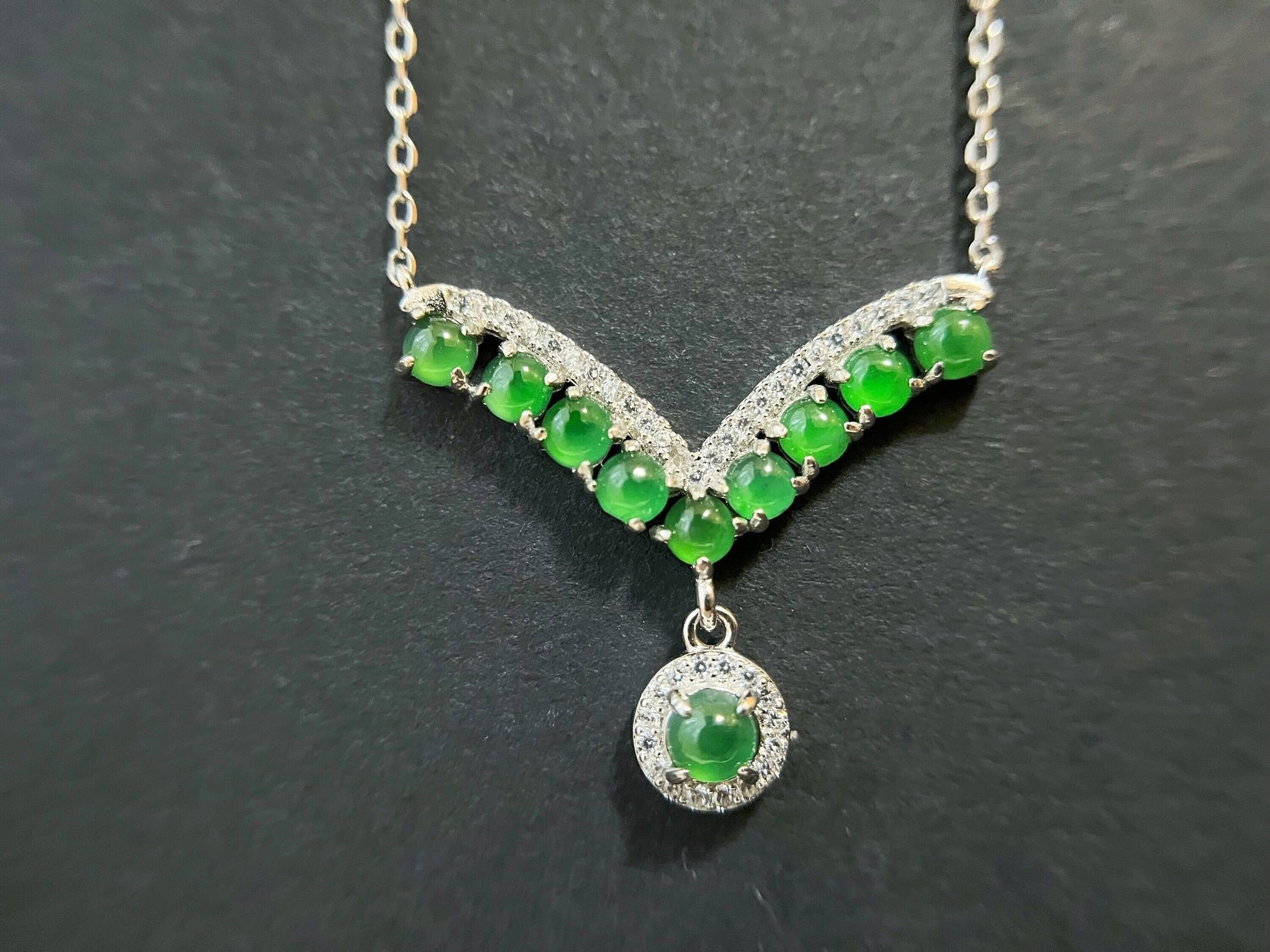 Natural Imperial Green Jade Pendant with Silver Necklace