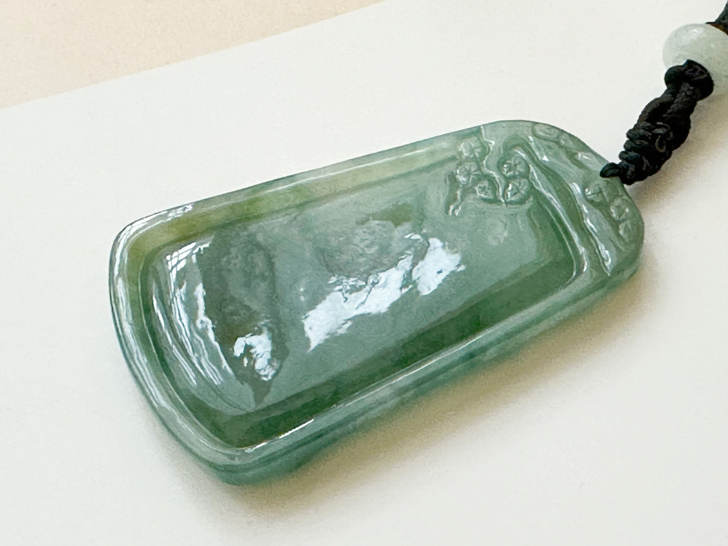 Natural Myanmar Hand Carved Teal Green Icy Type Tiger Jadeite Pendant, Pine Tree, Peony, Chinese Zodiac