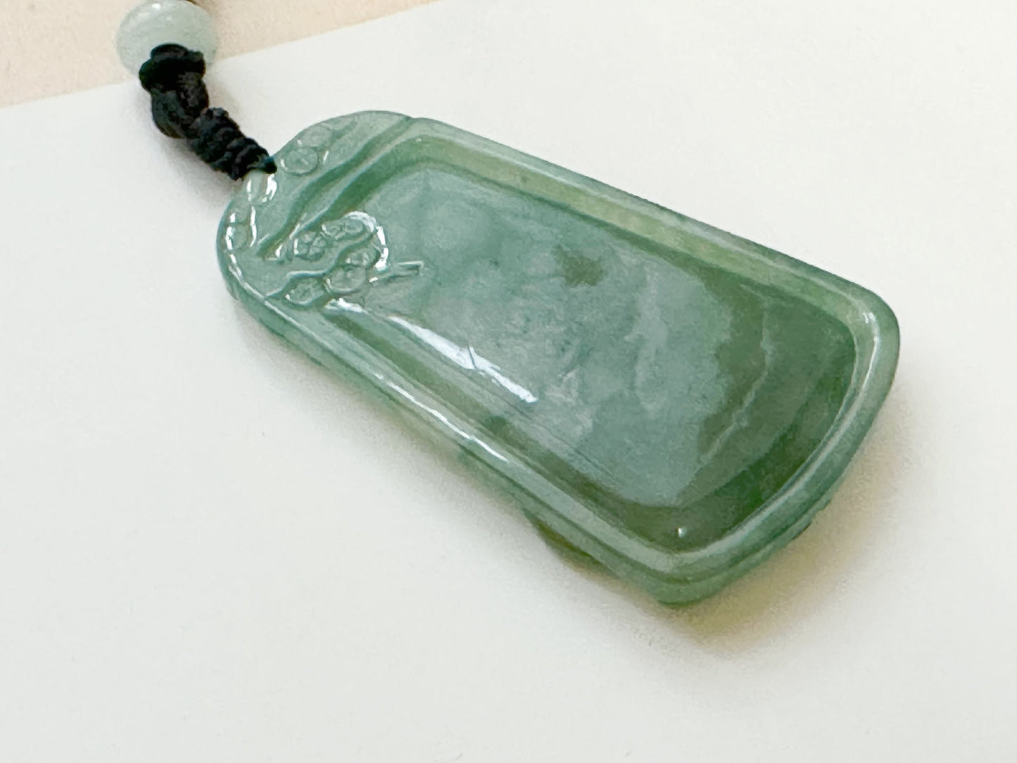 Natural Myanmar Hand Carved Teal Green Icy Type Tiger Jadeite Pendant, Pine Tree, Peony, Chinese Zodiac