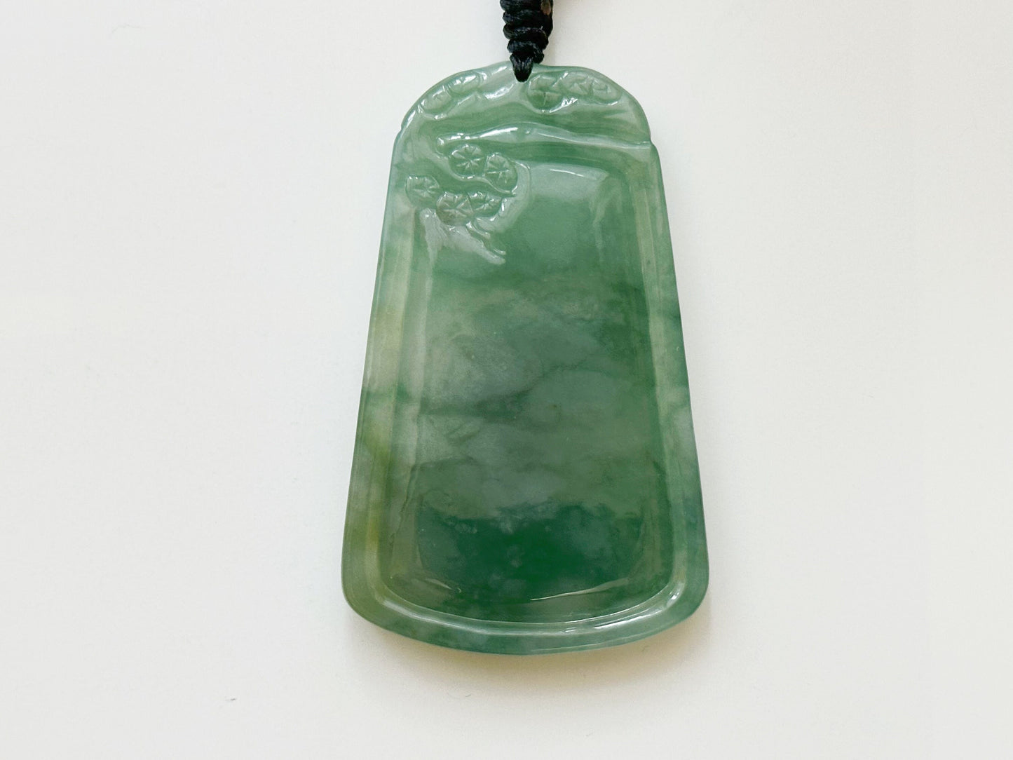 Natural Myanmar Hand Carved Teal Green Icy Type Tiger Jadeite Pendant, Pine Tree, Peony, Chinese Zodiac