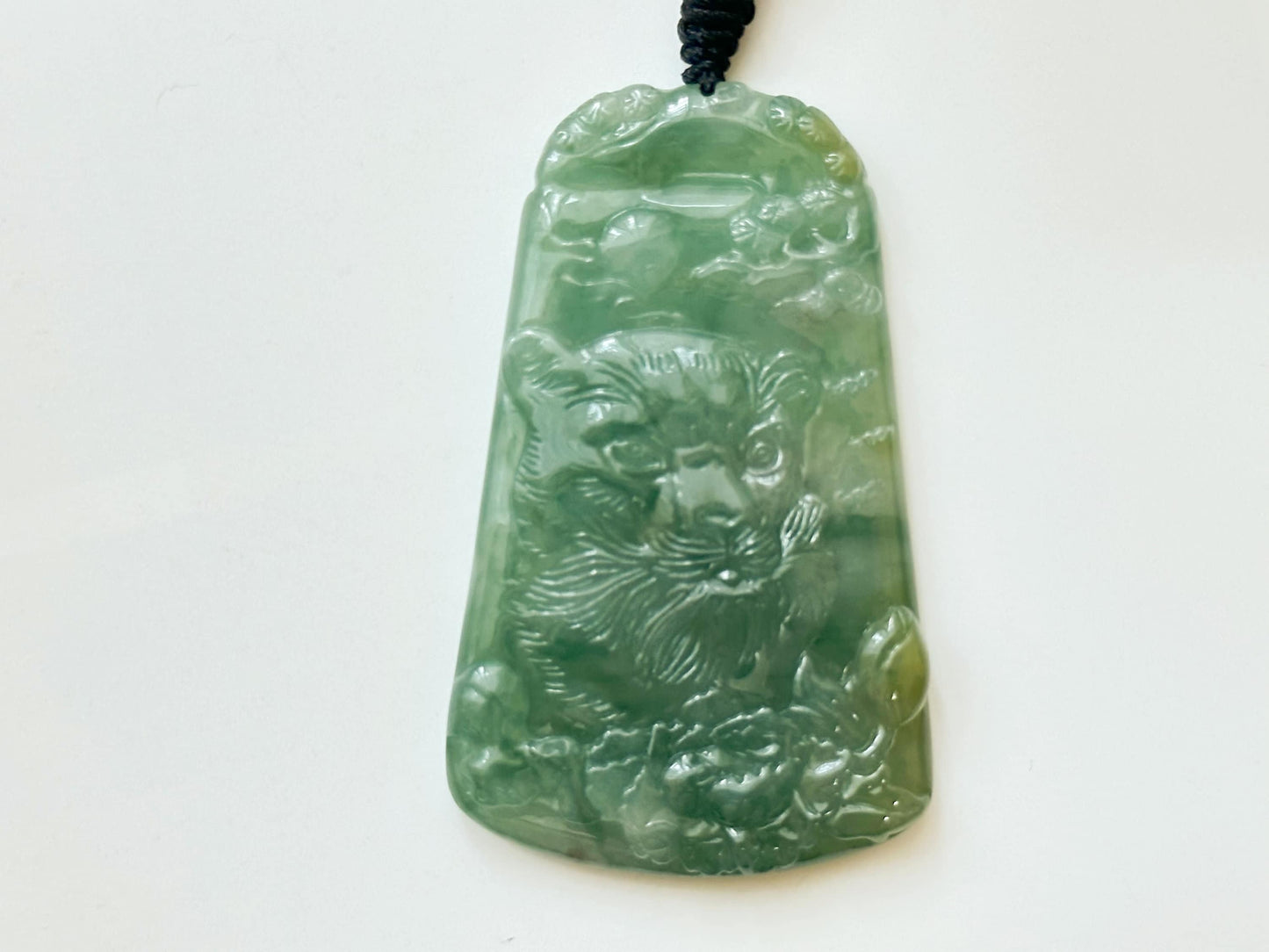 Natural Myanmar Hand Carved Teal Green Icy Type Tiger Jadeite Pendant, Pine Tree, Peony, Chinese Zodiac