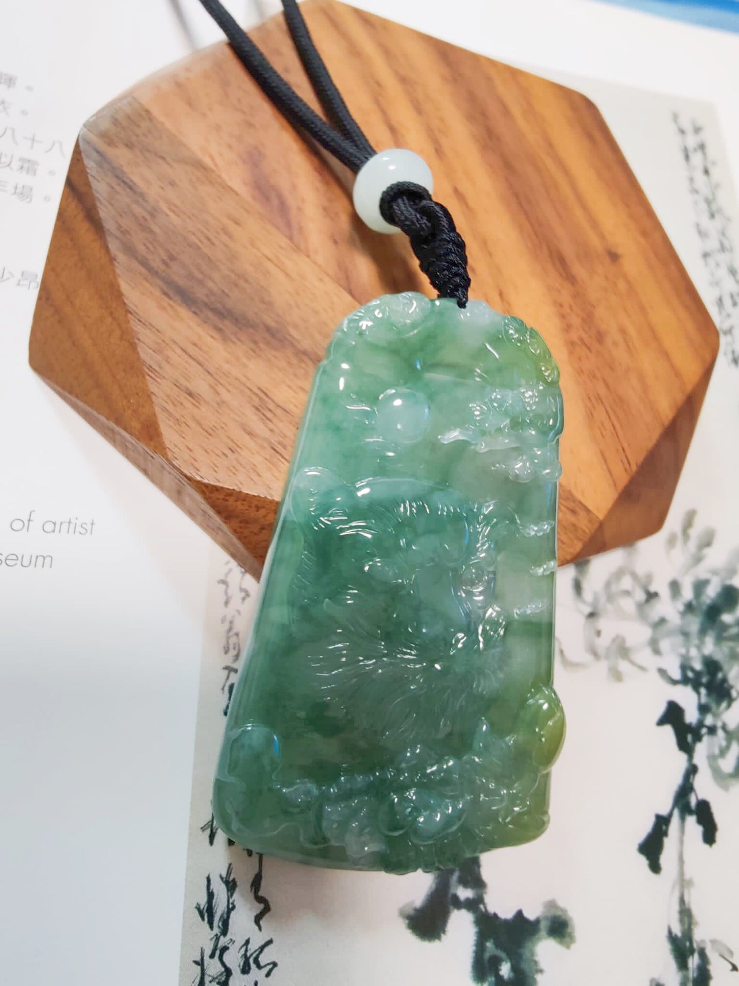 Natural Myanmar Hand Carved Teal Green Icy Type Tiger Jadeite Pendant, Pine Tree, Peony, Chinese Zodiac