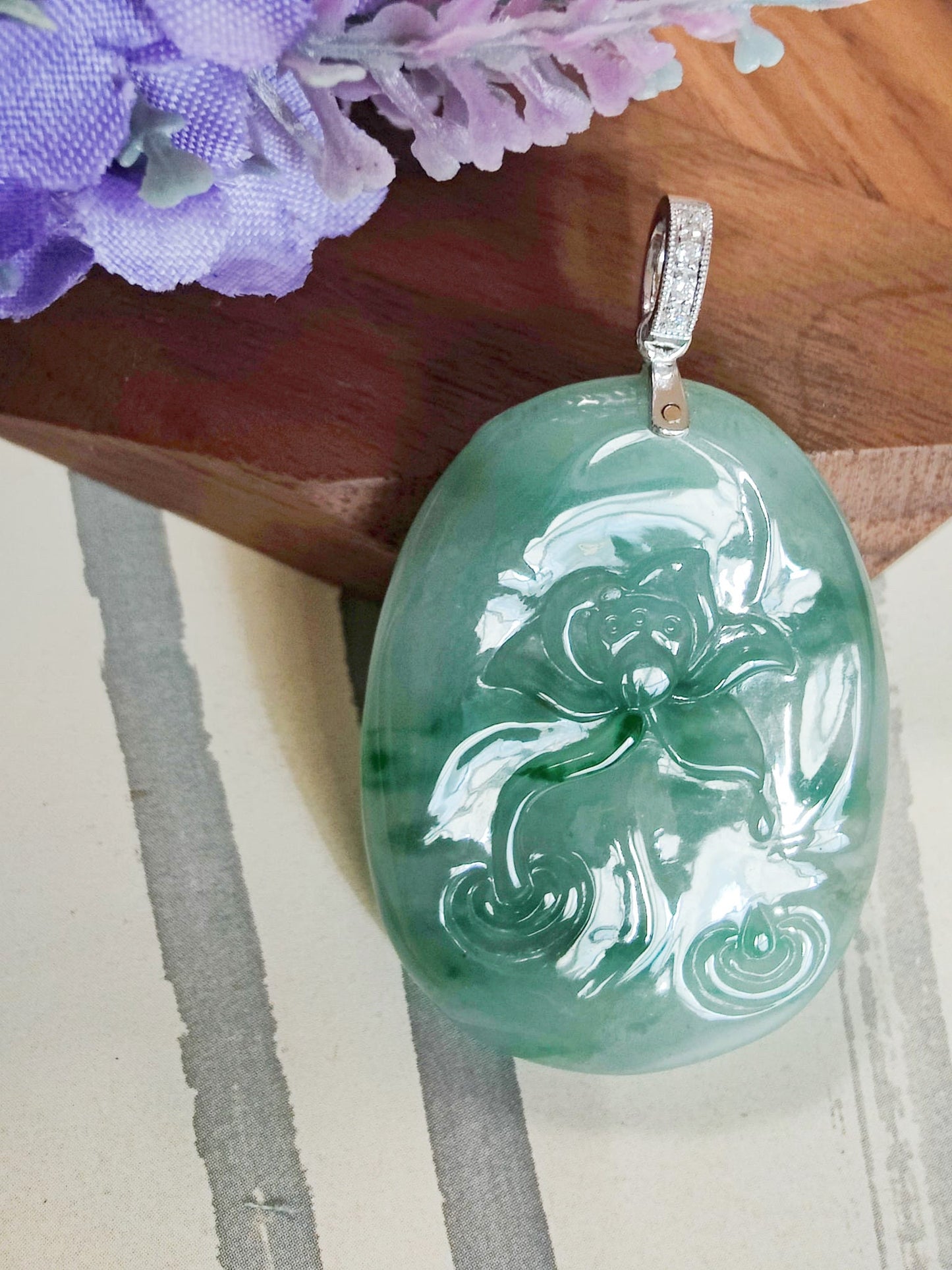 Natural Myanmar Icy Type Bluish Green Jadeite Floral Patches Lotus Flower Pendant