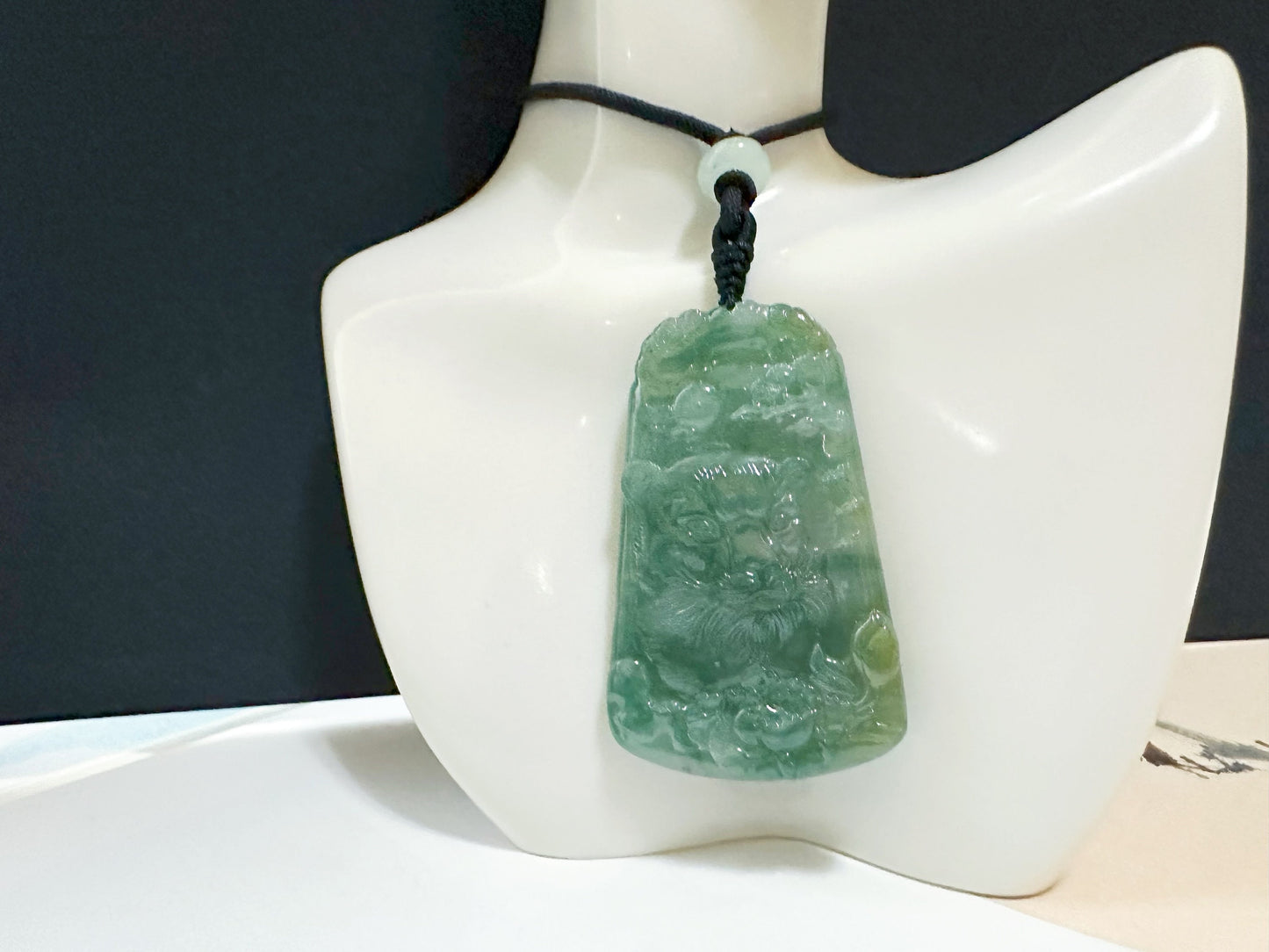 Natural Myanmar Hand Carved Teal Green Icy Type Tiger Jadeite Pendant, Pine Tree, Peony, Chinese Zodiac