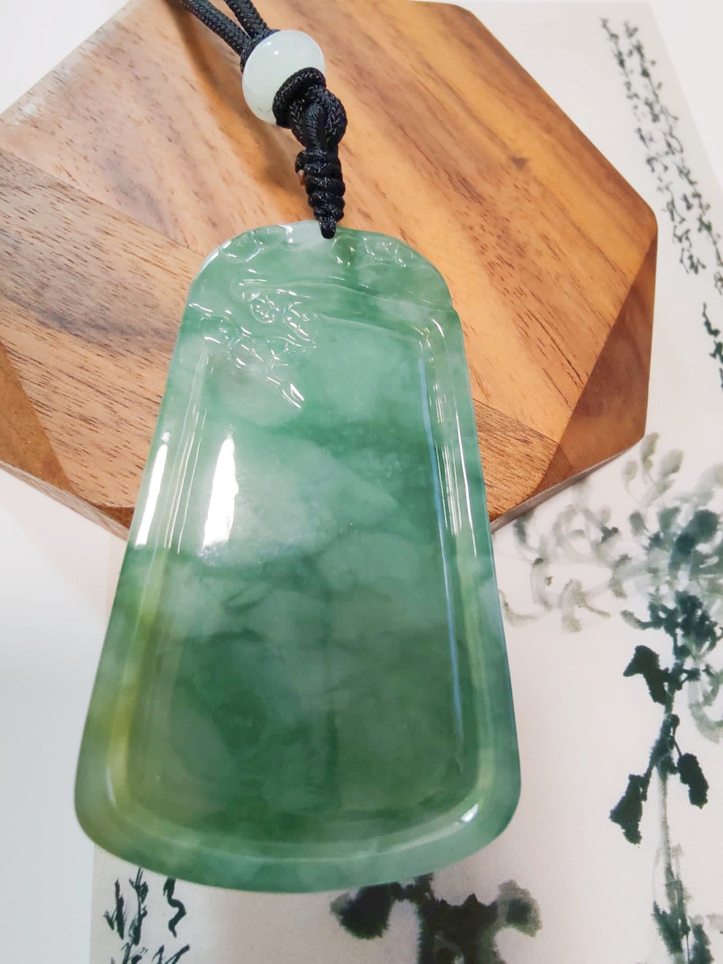 Natural Myanmar Hand Carved Teal Green Icy Type Tiger Jadeite Pendant, Pine Tree, Peony, Chinese Zodiac