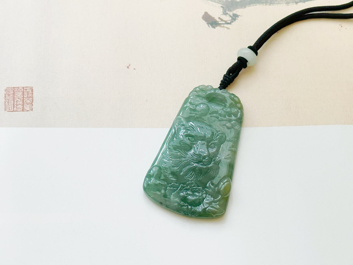 Natural Myanmar Hand Carved Teal Green Icy Type Tiger Jadeite Pendant, Pine Tree, Peony, Chinese Zodiac