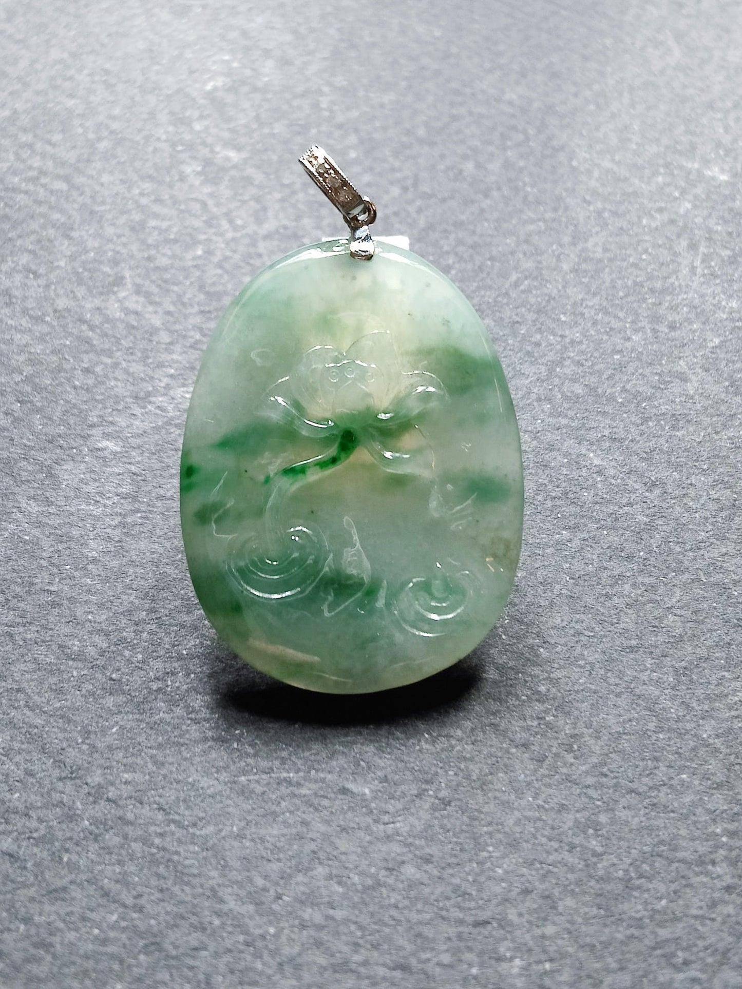 Natural Myanmar Icy Type Bluish Green Jadeite Floral Patches Lotus Flower Pendant