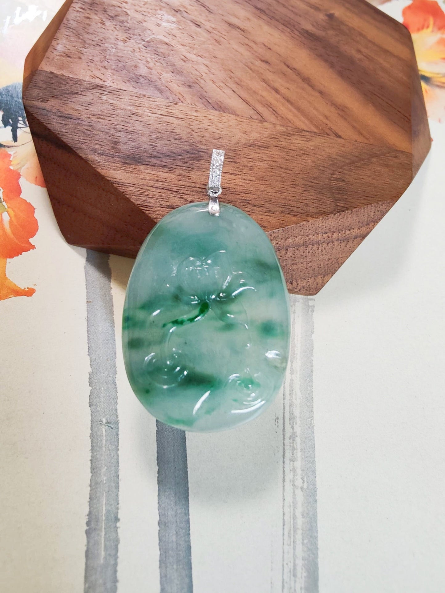 Natural Myanmar Icy Type Bluish Green Jadeite Floral Patches Lotus Flower Pendant