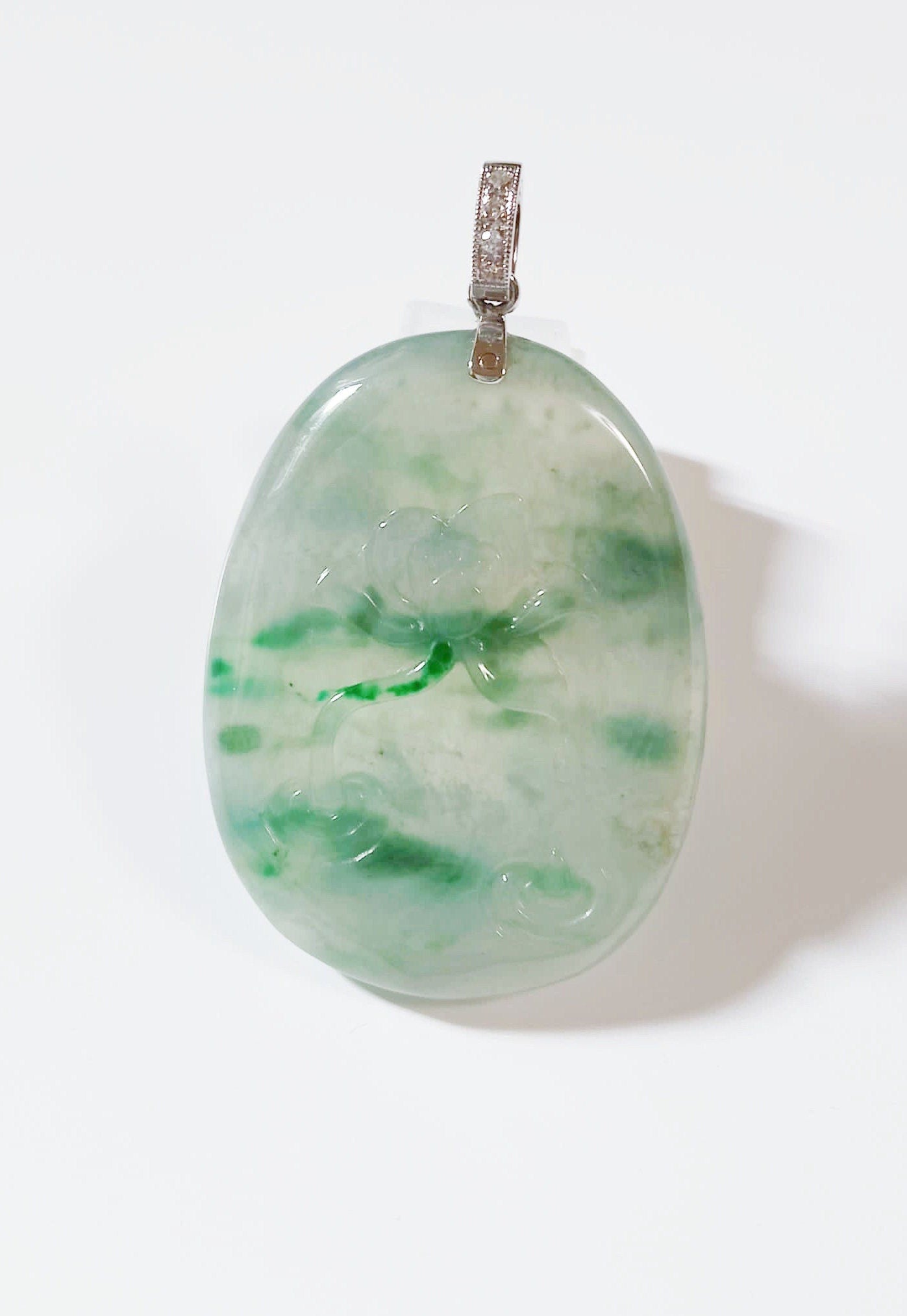 Natural Myanmar Icy Type Bluish Green Jadeite Floral Patches Lotus Flower Pendant