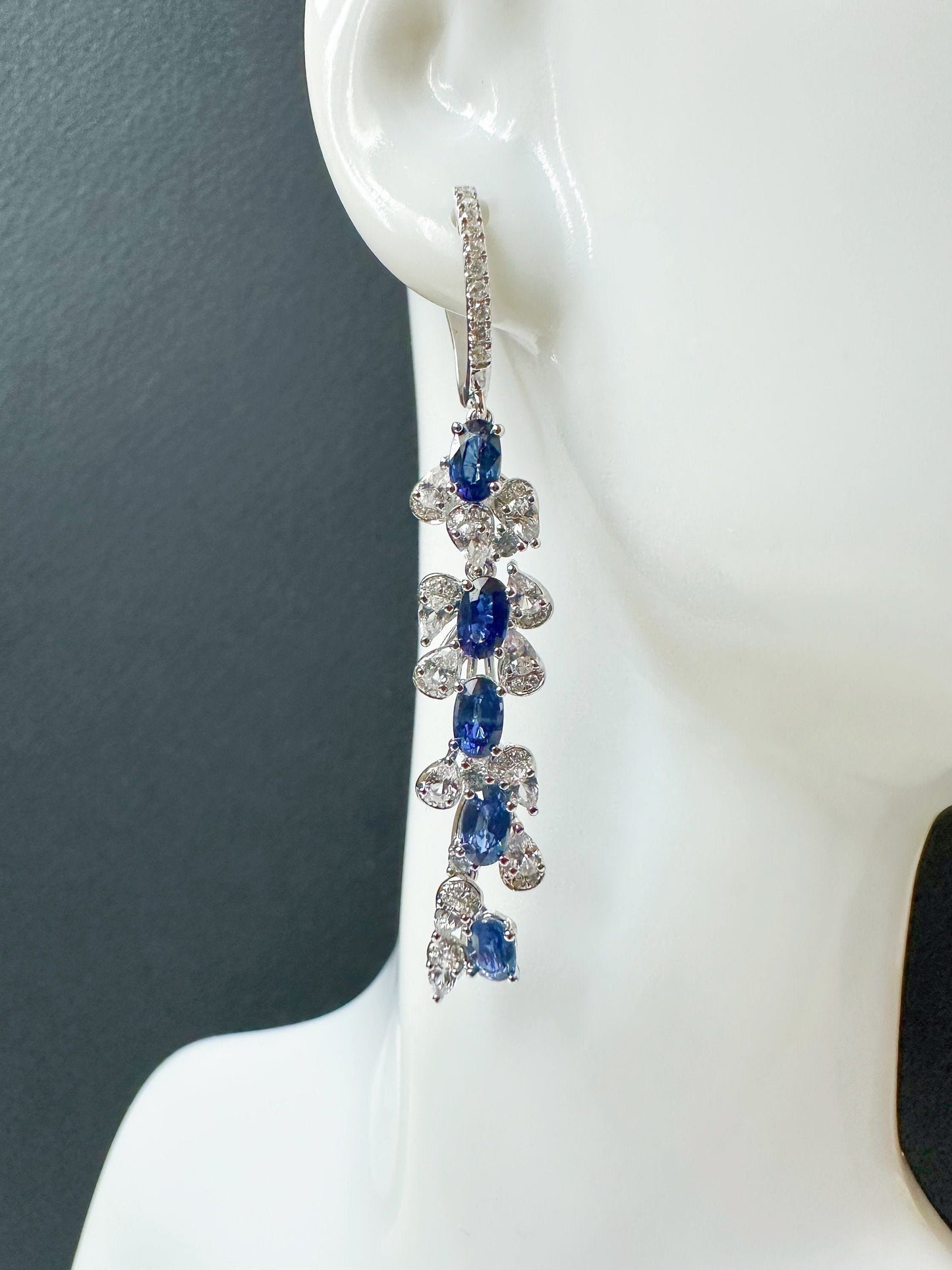 Certified Royal Blue Sapphire in Diamond, White Sapphire, 18K White Gold Long Earrings