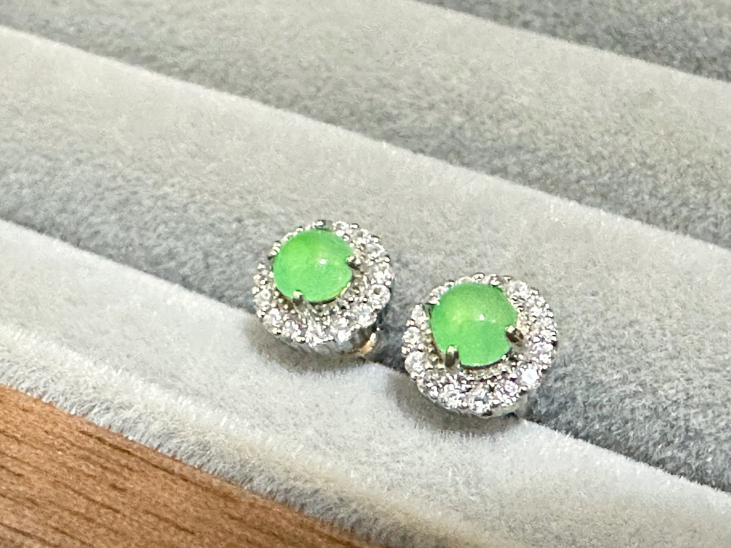 A-Grade Type A Natural Myanmar Icy Apple Green Jadeite Jade Cabochons Ear Studs, set in 925 Sterling Silver and Zircons, Halo ear studs