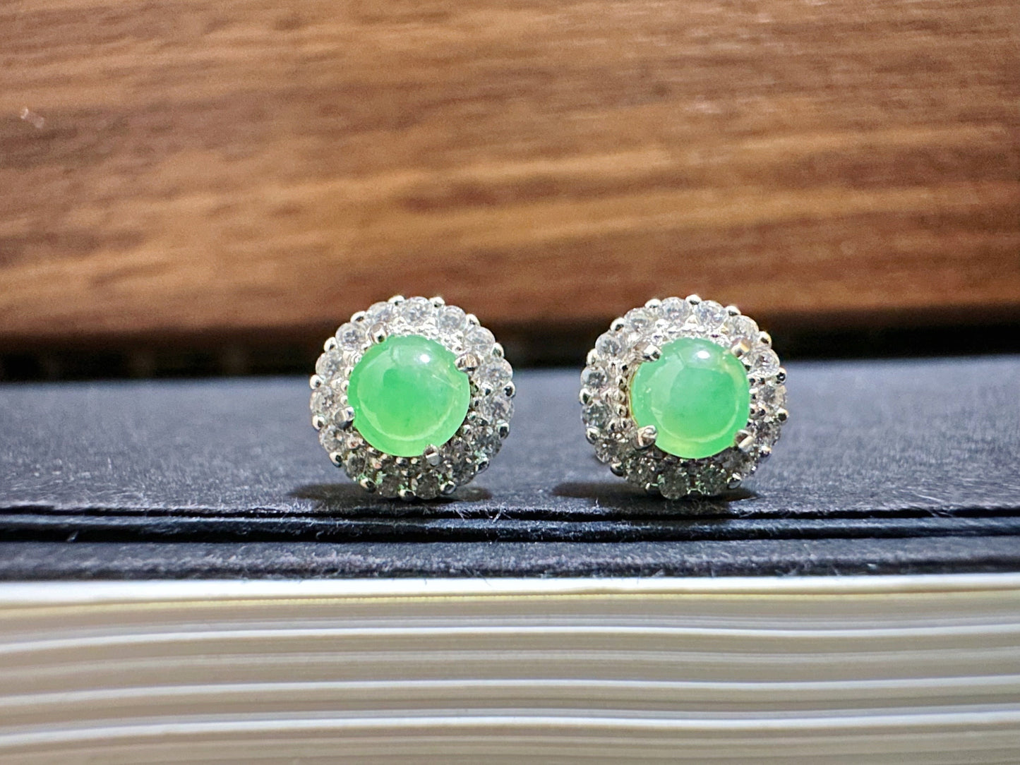 A-Grade Type A Natural Myanmar Icy Apple Green Jadeite Jade Cabochons Ear Studs, set in 925 Sterling Silver and Zircons, Halo ear studs