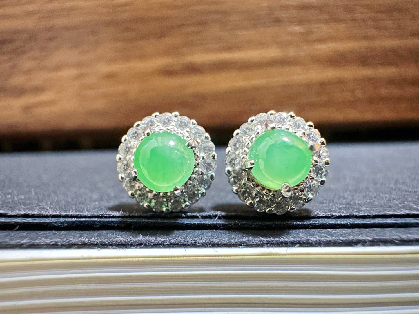 A-Grade Type A Natural Myanmar Icy Apple Green Jadeite Jade Cabochons Ear Studs, set in 925 Sterling Silver and Zircons, Halo ear studs