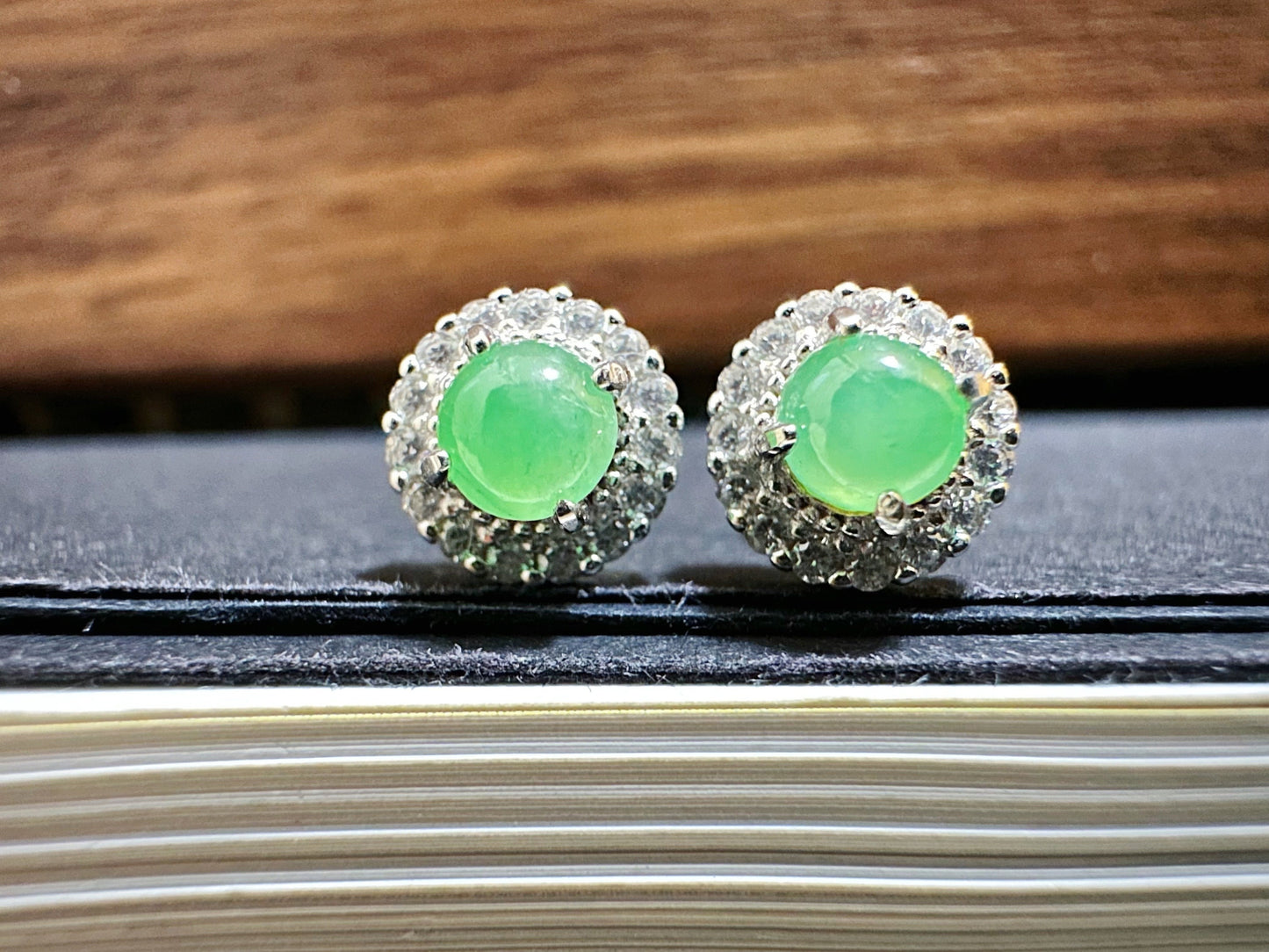 A-Grade Type A Natural Myanmar Icy Apple Green Jadeite Jade Cabochons Ear Studs, set in 925 Sterling Silver and Zircons, Halo ear studs