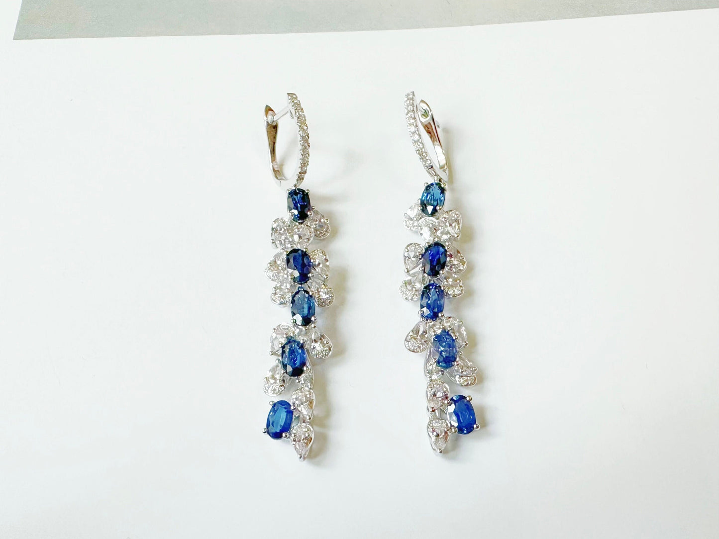 Certified Royal Blue Sapphire in Diamond, White Sapphire, 18K White Gold Long Earrings