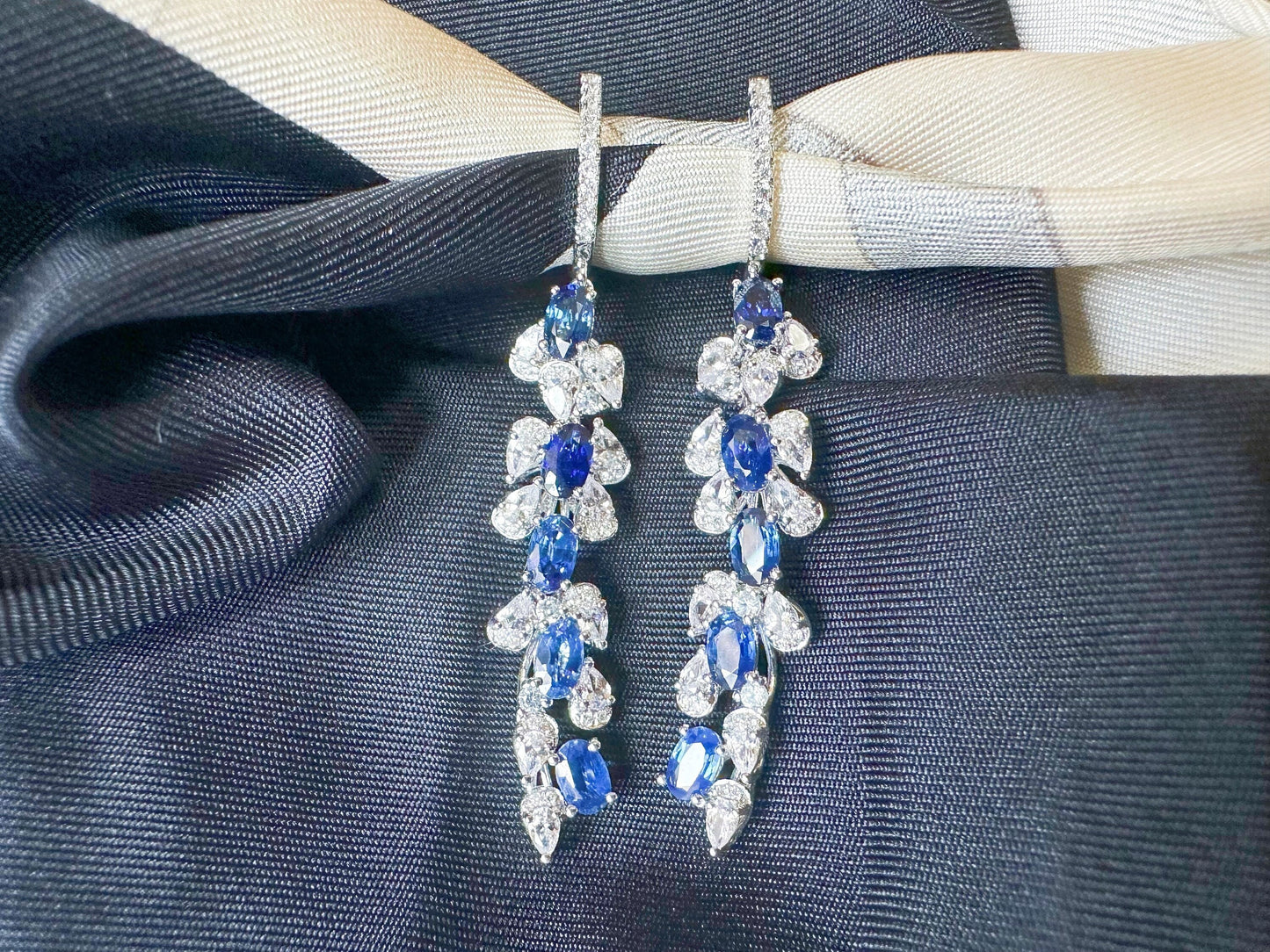 Certified Royal Blue Sapphire in Diamond, White Sapphire, 18K White Gold Long Earrings