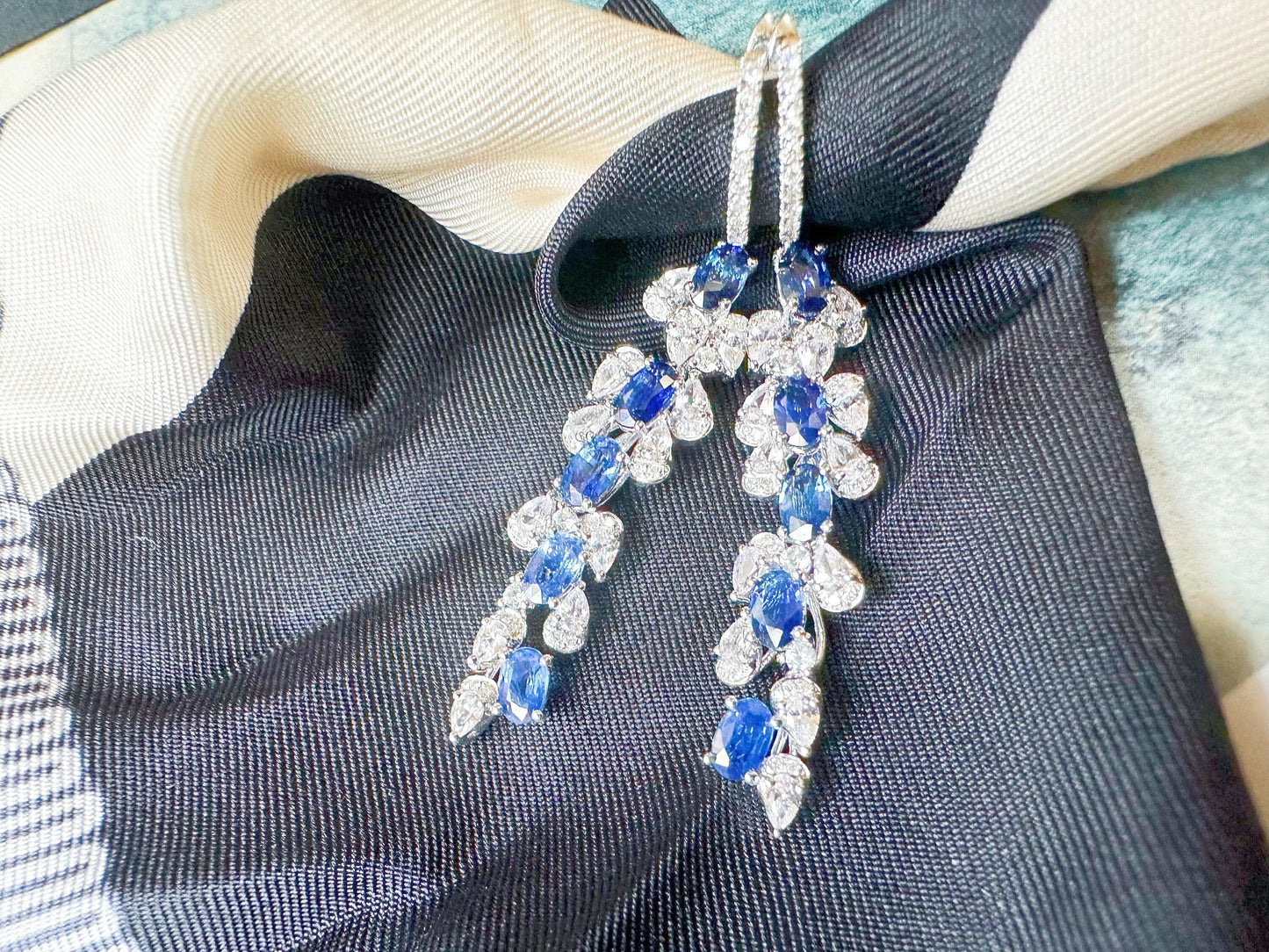 Certified Royal Blue Sapphire in Diamond, White Sapphire, 18K White Gold Long Earrings