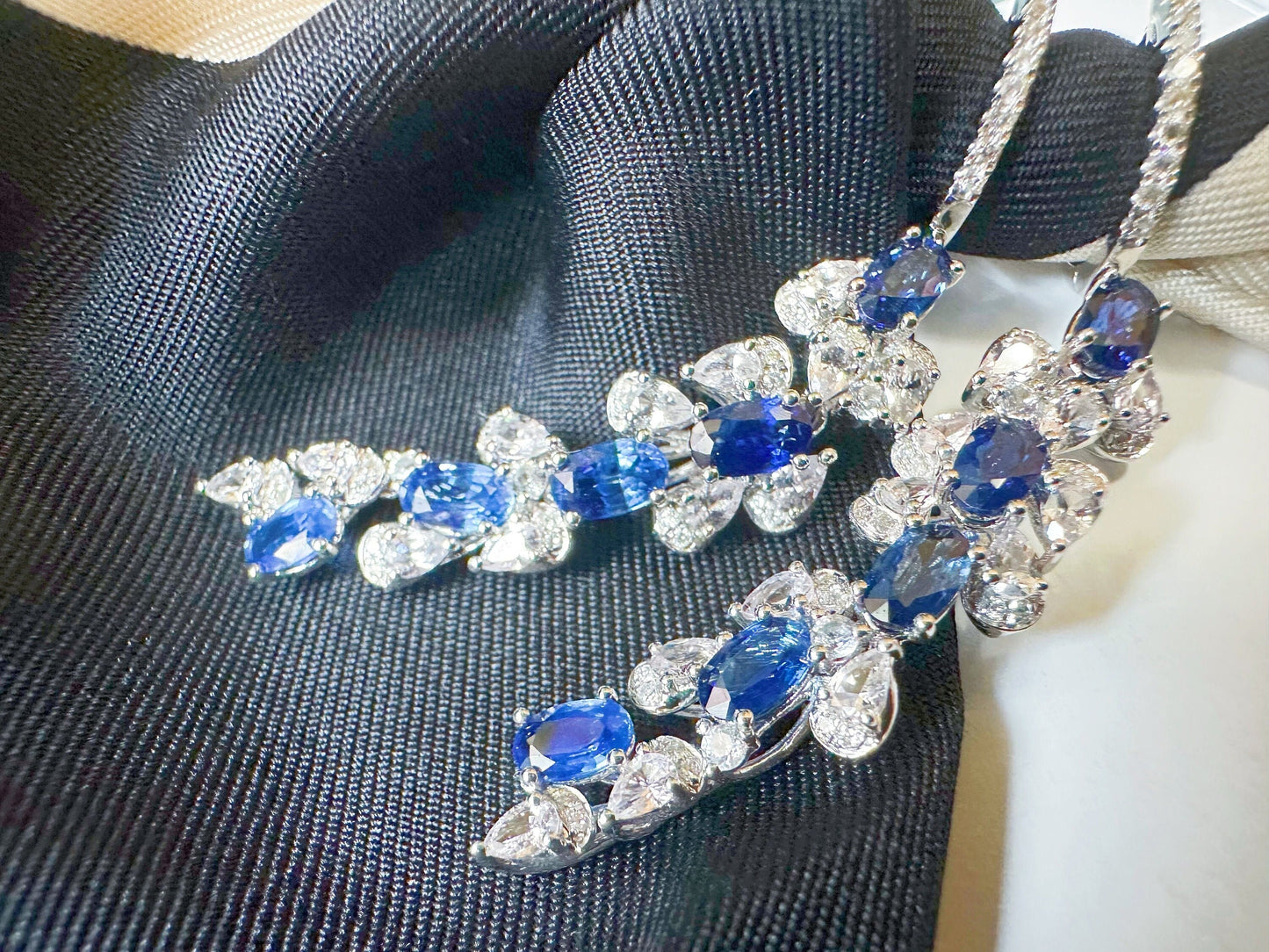 Certified Royal Blue Sapphire in Diamond, White Sapphire, 18K White Gold Long Earrings